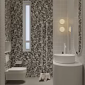 Modern Hotel Bathroom With Oval Backlit Mirror Wall Sconces White Countertop And Grid Tile Walls