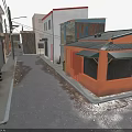 Urban Narrow Street With Buildings Roller Shutters Trash Bins Street Lamps Overhead Power Lines