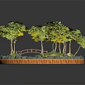 Cartoon Scene Circular Landscape With Green Trees Blue Stream Wooden Bridge And Stone Decorations