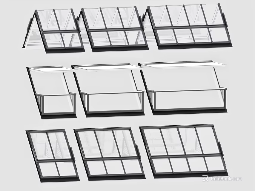 Various Casement Windows With Black Frame And Open Designs For Home Use 3d model 