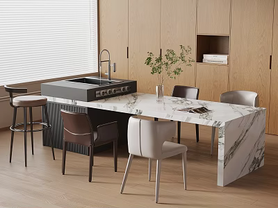 Modern Kitchen Interior With Marble Island Counter Wooden Cabinets Chairs And Plants 3d model