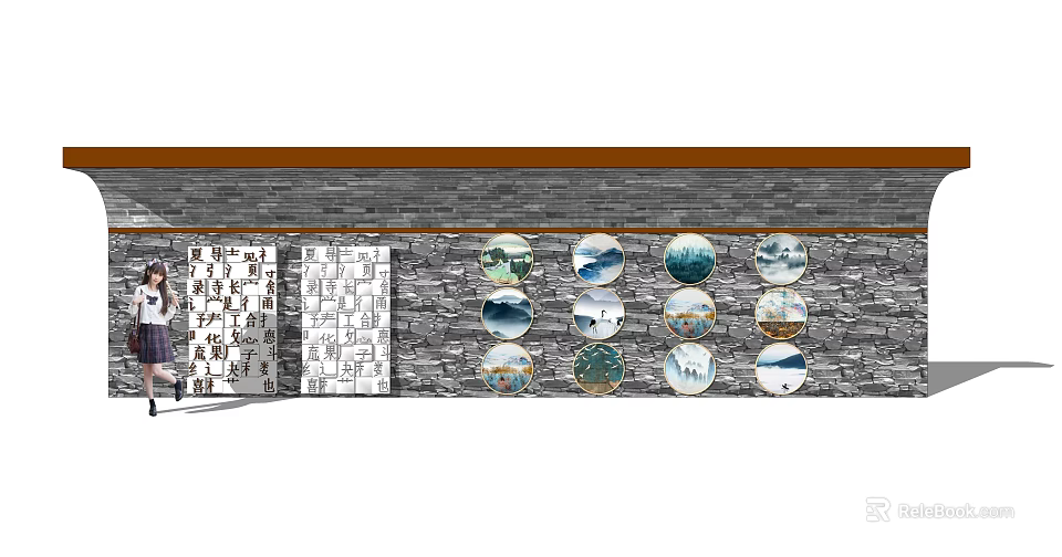 Traditional Feature Wall With Stone Texture Circular Ornaments And Calligraphy Inscriptions 3d model 