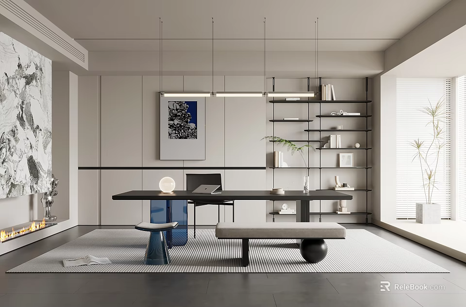 Modern Study Room Interior With Large Desk Bookshelves Pendant Lights And Minimalist Design 3d model 