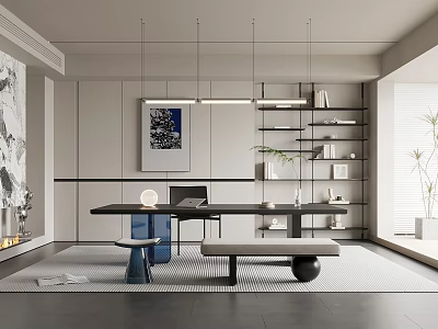 Modern Study Room Interior With Large Desk Bookshelves Pendant Lights And Minimalist Design 3d model