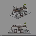 Rustic Wooden Tea Table And Chairs With Tea Set Green Plant And Matching Stools