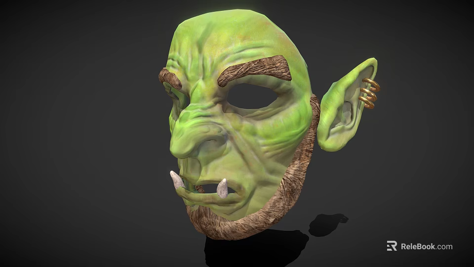 Green Fantasy Decorative Mask With Tusked Bearded Face And Golden Ear Rings 3d model 