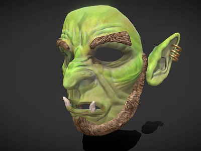 Green Fantasy Decorative Mask With Tusked Bearded Face And Golden Ear Rings 3d model Green Fantasy Decorative Mask With Tusked Bearded Face And Golden Ear Rings 3d model