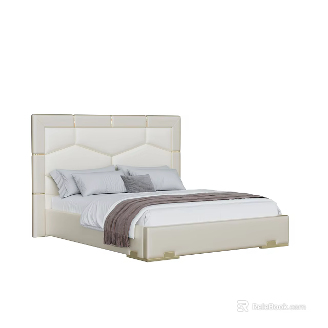 Modern Double Bed With Beige Diamond Stitched Headboard White Sheets And Gray Pillows 3d model