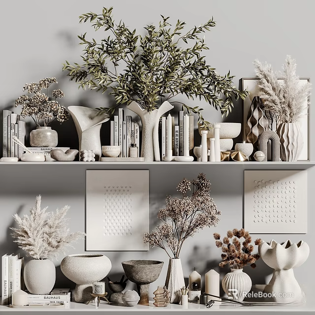 Minimalist Decorative Ornament Set With Vases Books Dried Flowers Sculptures And Shelf Artworks 3d model 