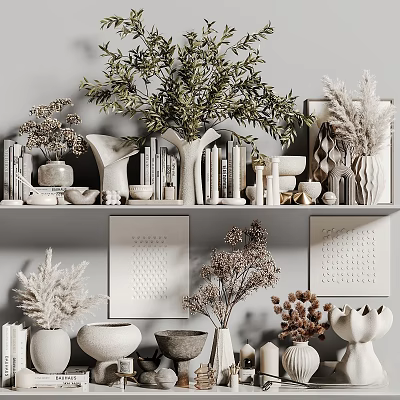 Minimalist Decorative Ornament Set With Vases Books Dried Flowers Sculptures And Shelf Artworks 3d model