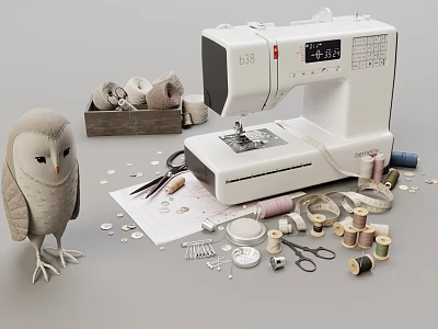 Industrial Sewing Machine With Spools Of Thread Scissors Needles And Fabric 3d model