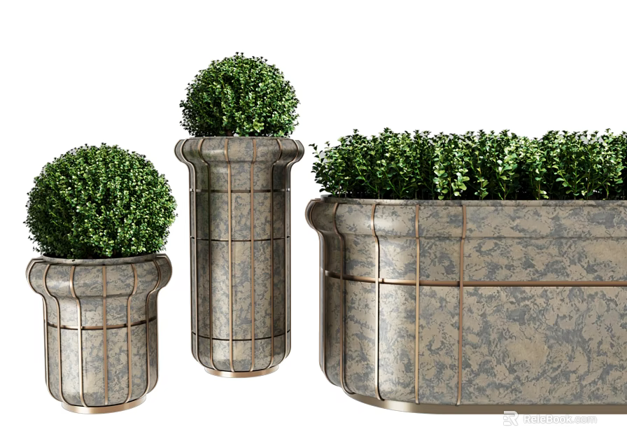 Bonsai Potted Plants In Metal Planters With Green Shrub And Various Shapes 3d model 