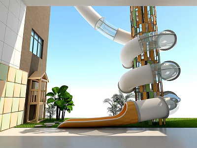 Spiral Slide Playground Equipment with White Orange and Transparent Sections Surrounded by Green Lawn 3d model