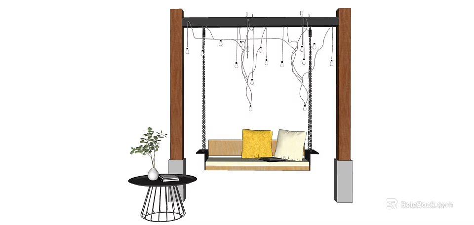 Outdoor Play Equipment Swing Featuring Wooden Posts Black Beam And Yellow White Cushions 3d model 