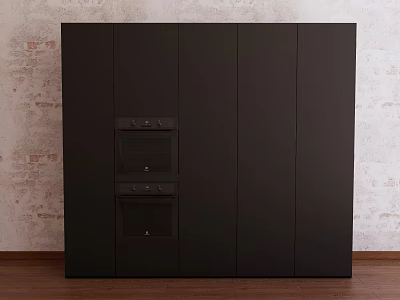 Modern Black Kitchen Cabinets With Built in Ovens Against Brick Wall And Wooden Floor 3d model