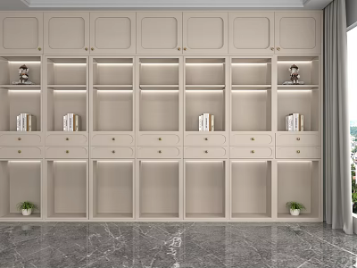Modern Light Beige Display Shelves with LED Lighting Compartments Drawers Books and Potted Plants 3d model