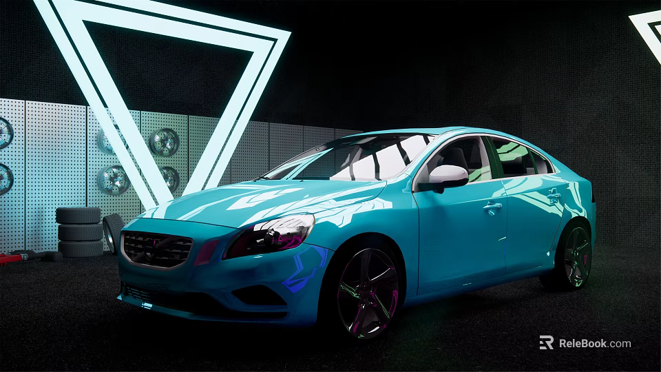 Blue Sedan With Modern Design Shiny Body And Sporty Wheels In Neon Lights Background 3d model 