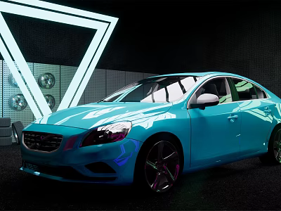 Blue Sedan With Modern Design Shiny Body And Sporty Wheels In Neon Lights Background 3d model