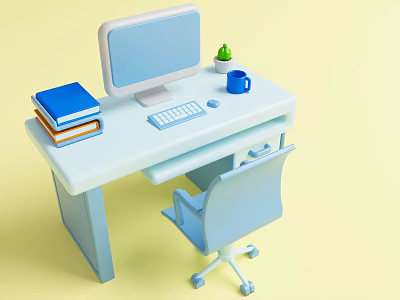 Light Blue Home Workspace Supplies With Desk Chair Monitor Keyboard Mouse Books Cup And Plant 3d model