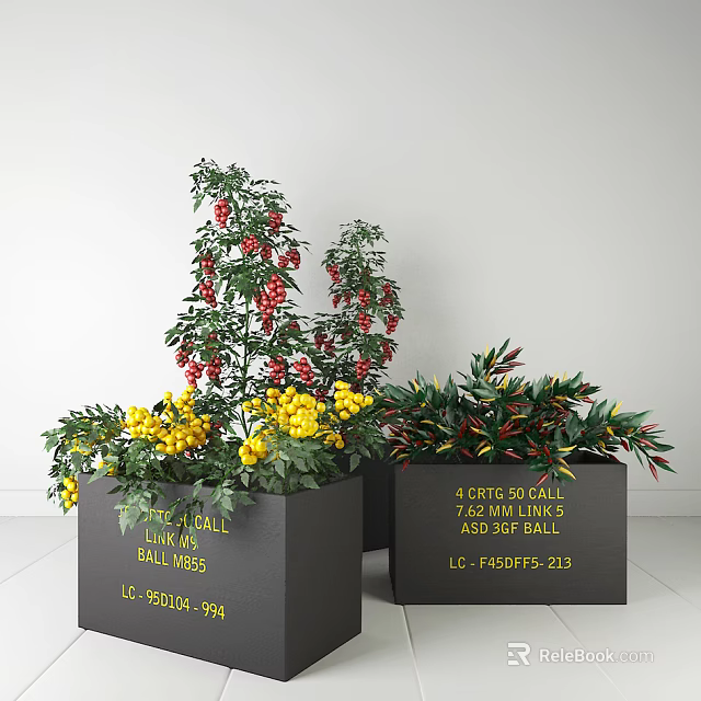 Colorful Garden Decorative Plants In Black Square Planters With Red Berries And Yellow Flowers 3d model 