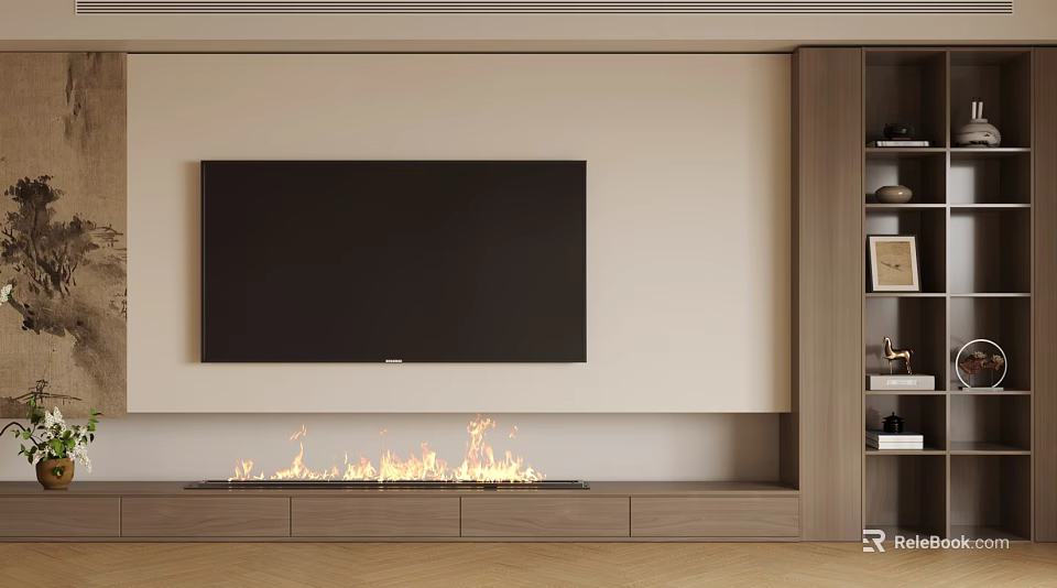 Modern TV Wall Design With Flat Screen TV Fireplace And Wooden Storage Cabinet 3d model 