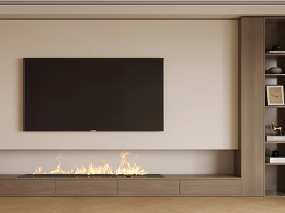 Modern TV Wall Design With Flat Screen TV Fireplace And Wooden Storage Cabinet 3d model