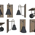 Vintage Metal Wall Lamps With Black Shades And Wooden Backplates In Various Designs