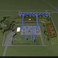 Large Scale Industrial Plant Layout Featuring Blue Pipeline System and Green Landscaped Areas