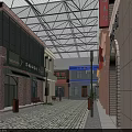 Vibrant Commercial Street with Red Brick Buildings Arched Windows Store Signs and Pedestrians Walking