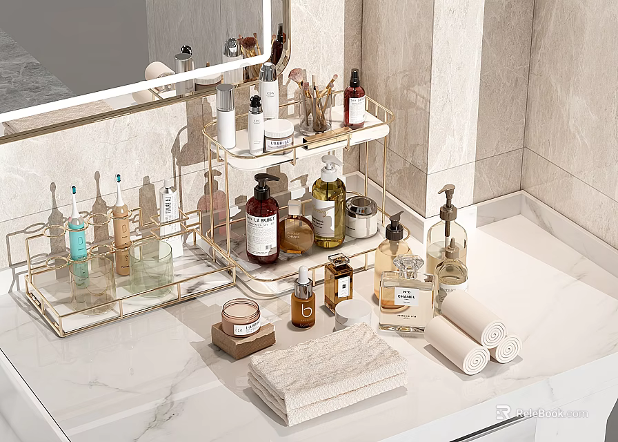 Elegant Marble Bathroom Countertop with Gold Metal Rack Holding Perfume Cosmetic Products and Towels 3d model 