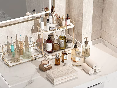 Elegant Marble Bathroom Countertop with Gold Metal Rack Holding Perfume Cosmetic Products and Towels 3d model