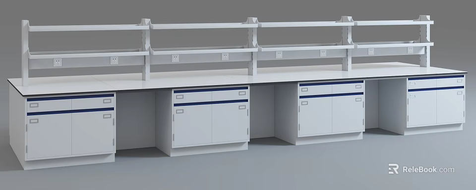 Practical Functional Table With White Countertop Drawers Cabinets And Upper Shelves 3d model 
