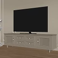 Light Colored TV Stand With Drawers Grille Doors And Large Screen TV Near Decorative Wall