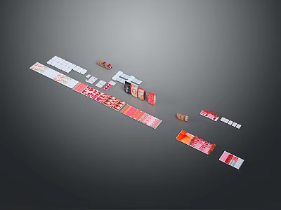 Colorful Food Packaging Arranged Irregularly With Red White Brown Colors On Gray Background 3d model