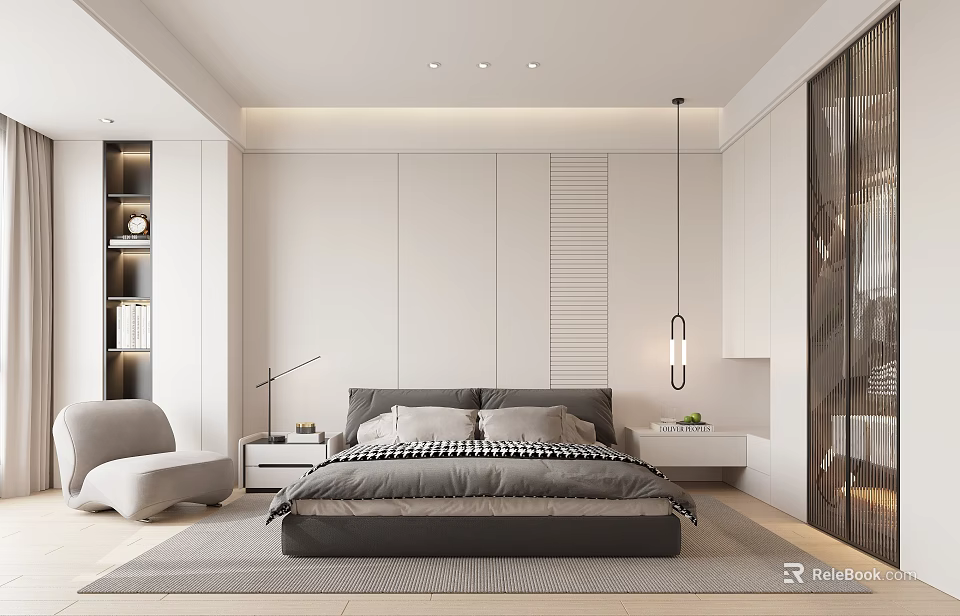 Modern Bedroom Interior With White Walls Gray Bed Nightstand Floor Lamp And Pendant Light 3d model 