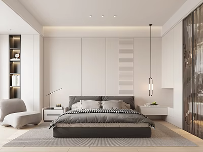 Modern Bedroom Interior With White Walls Gray Bed Nightstand Floor Lamp And Pendant Light 3d model