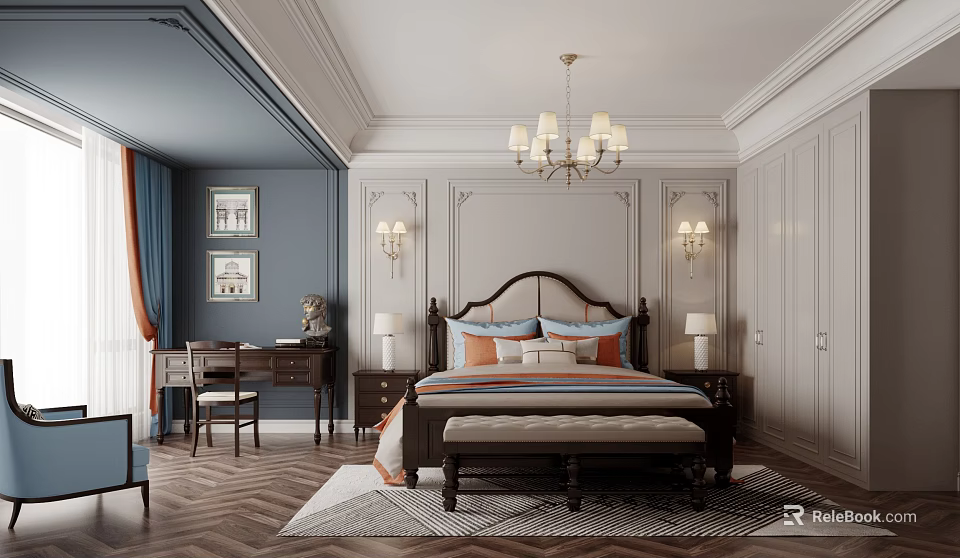 Elegant Bedroom Interior With Navy Blue Walls Light Gray Paneling Chandelier Bed Bench And Rug 3d model 