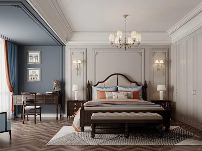 Elegant Bedroom Interior With Navy Blue Walls Light Gray Paneling Chandelier Bed Bench And Rug 3d model