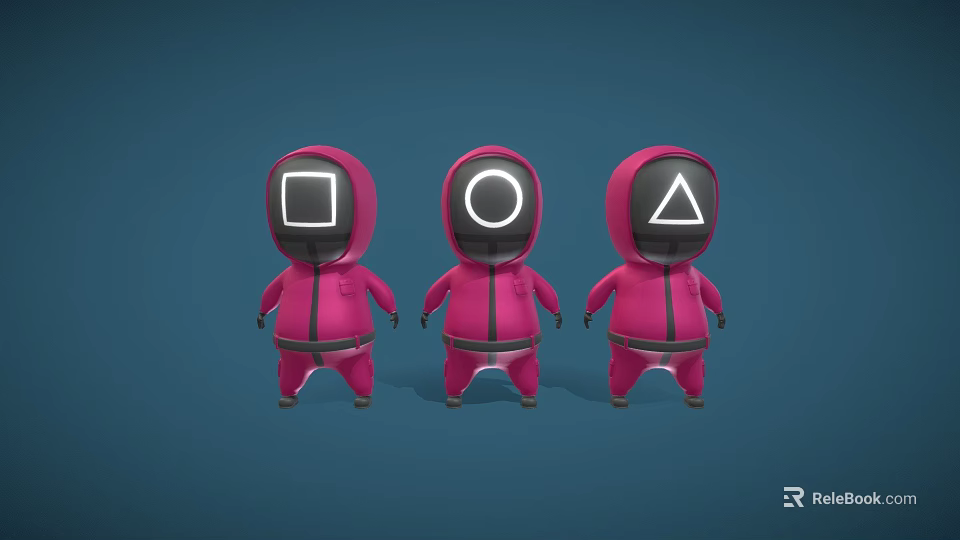 Three Pink Humanoid Characters With Square Circle And Triangle Heads Standing On Blue Background 3d model 