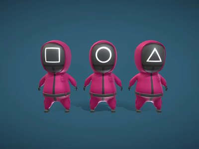 Three Pink Humanoid Characters With Square Circle And Triangle Heads Standing On Blue Background 3d model