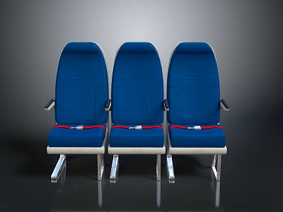 Three Blue Dining Chairs with Red Safety Straps White Base and Metal Legs 3d model