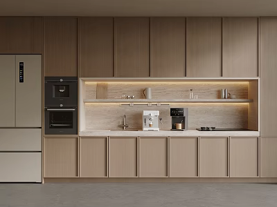 Modern Kitchen Interior With Light Wood Cabinets Integrated Appliances And Stone Countertop 3d model
