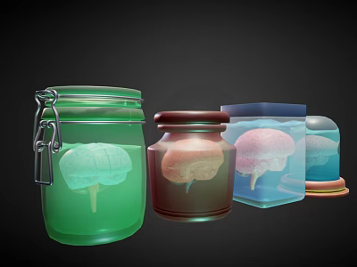 Colorful Glass Jars Containing Brain Models In Various Hues 3d model