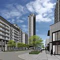Modern High Rise Residential Buildings Central Entrance Front Plaza Water Pool Blue Sky White Clouds