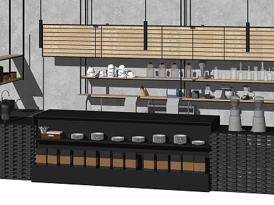 Modern Functional Desk With Storage Compartments And Wooden Shelves In Kitchen 3d model