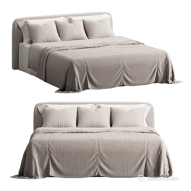 Modern Bedroom Bed With Light Colored Textured Bedding And Pillows 3d model 