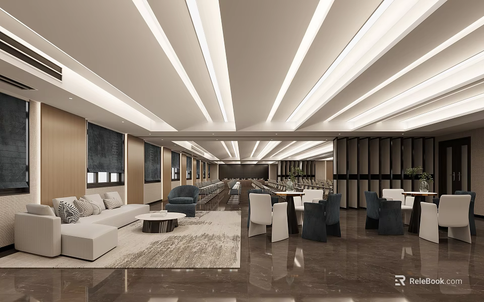 Modern Conference Room Interior With Sofa Seating Wooden Walls Recessed Lighting And Meeting Tables 3d model 