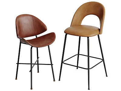 Modern Leather Bar Stools In Brown And Beige With Metal Legs Design 3d model