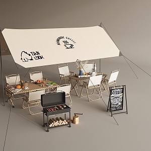 Camping Tent Cafe Outside Pendulum Area Outdoor Leisure Folding Dining Table and Chair Barbecue Cafe Billboard 3d model