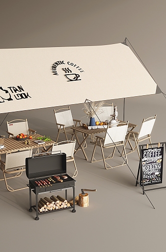 Camping Tent Cafe Outside Pendulum Area Outdoor Leisure Folding Dining Table and Chair Barbecue Cafe Billboard 3d model